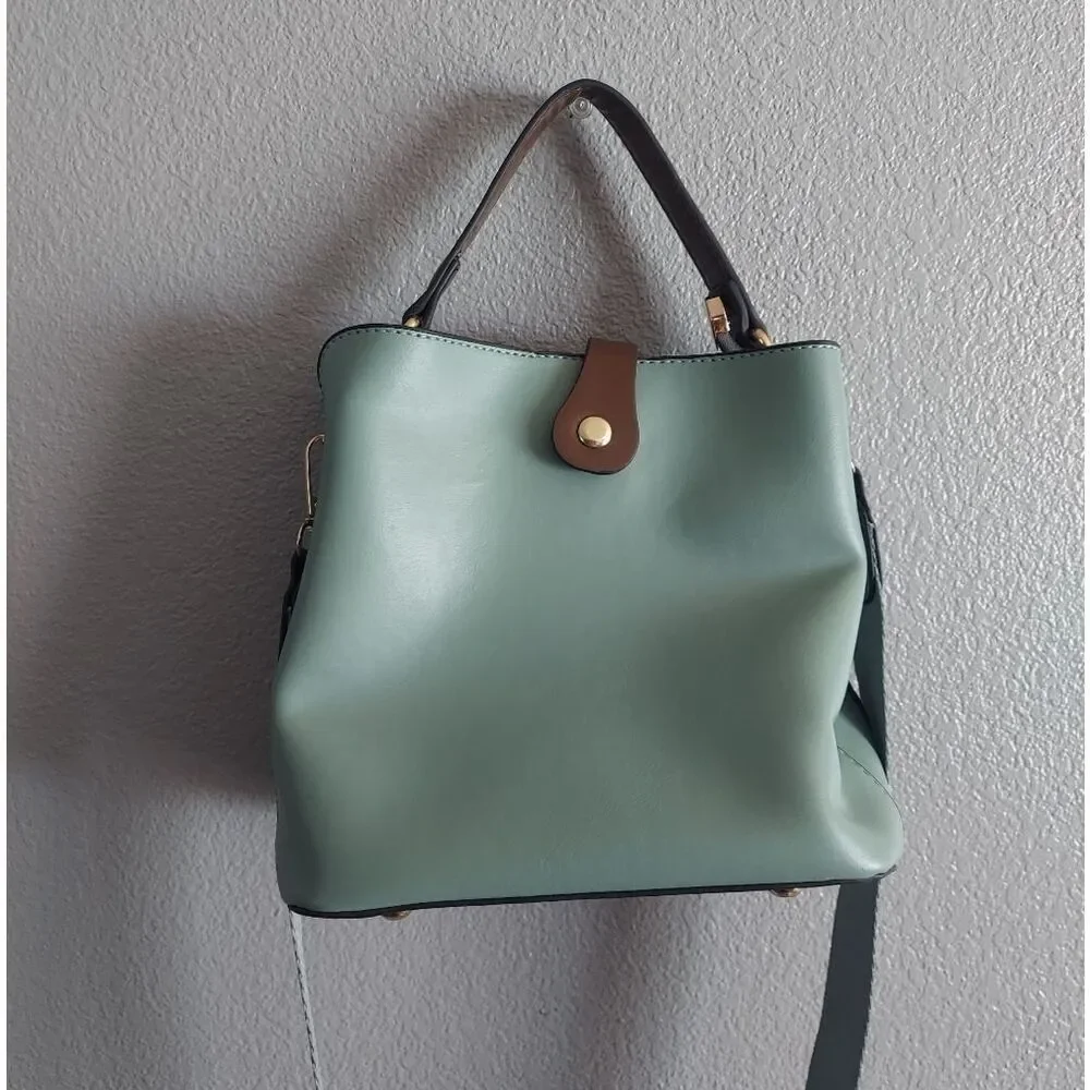 Mint Green Faux Leather Shoulder Tote Bag